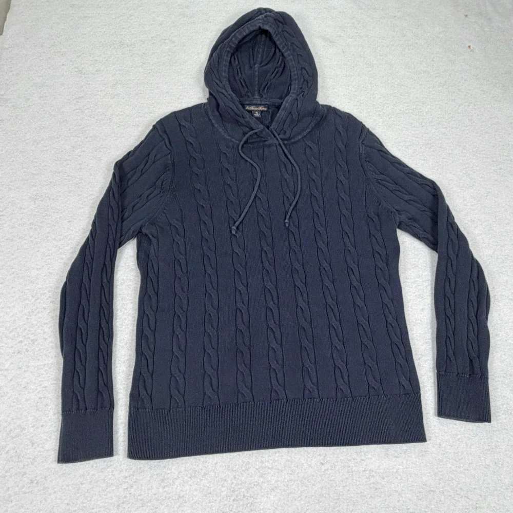 BROOKS BROTHERS Youth XL Cable Knit Navy Blue Hoodie Sweated Pullover‎ Vtg